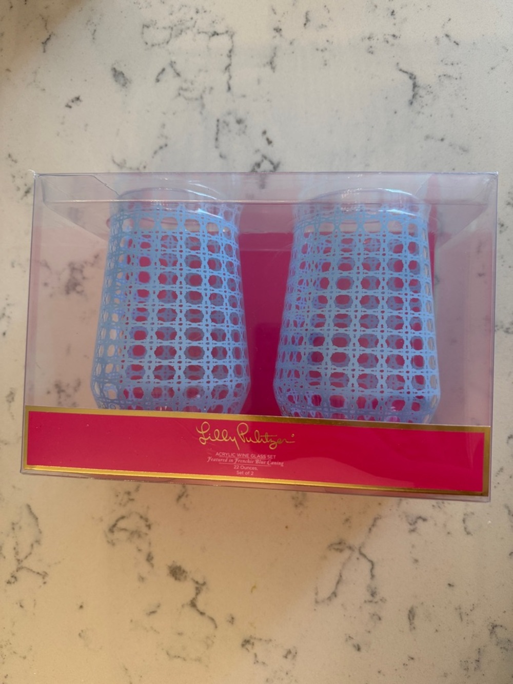 Lilly Pulitzer Frenchie Blue Caning Acrylic Stemless Wine Glasses 22 Ounces Set
